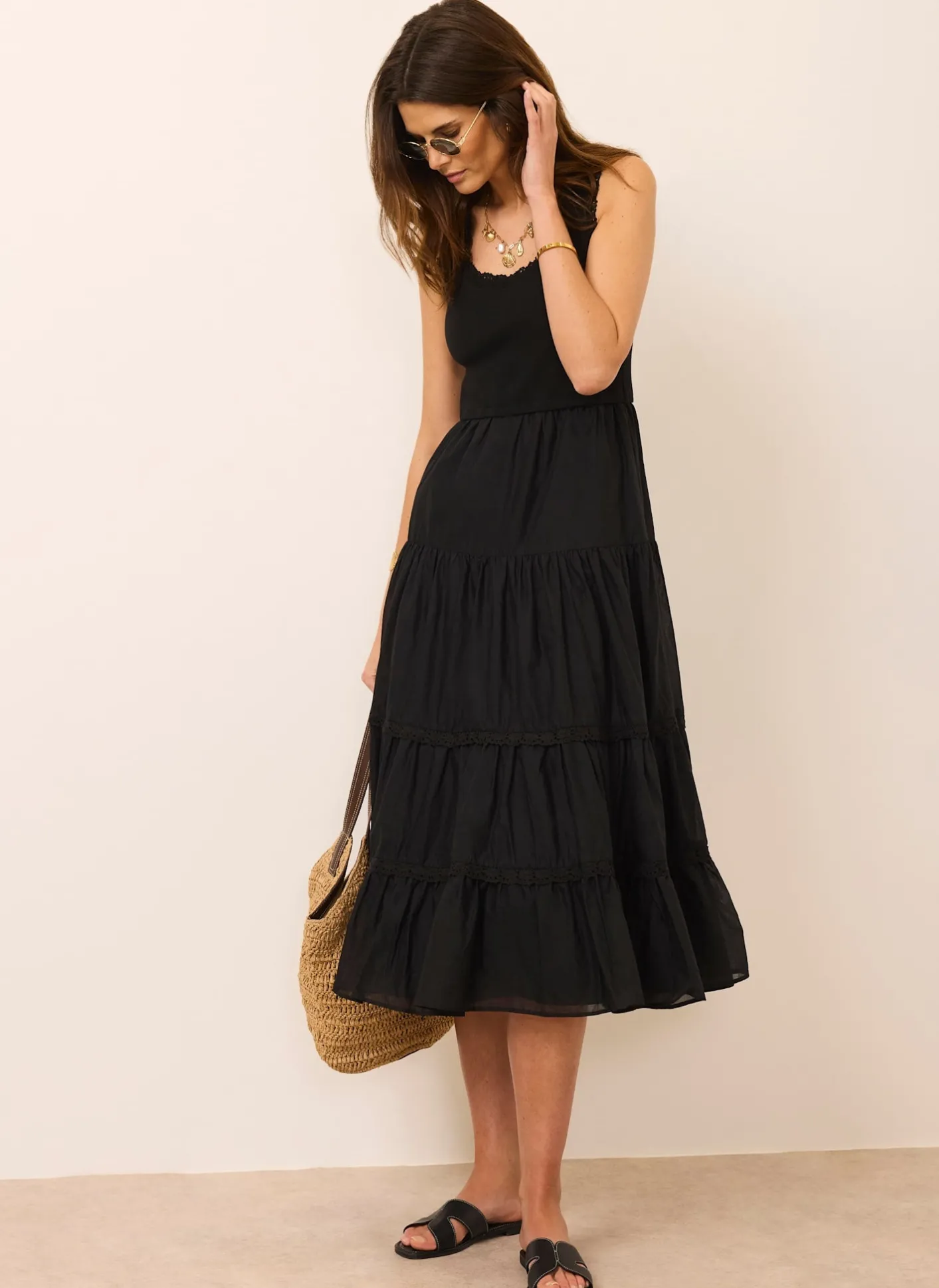 Best Crochet Trim Tiered Midi Dress Midi Dresses|Crochet