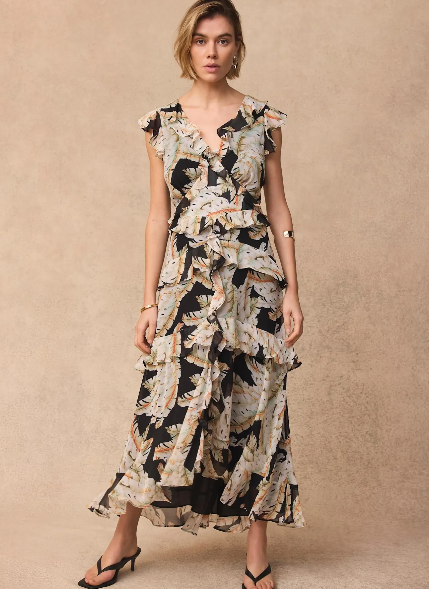 Online Palm Print Ruffle Midi Dress Occasion Dresses|Occasion Dresses