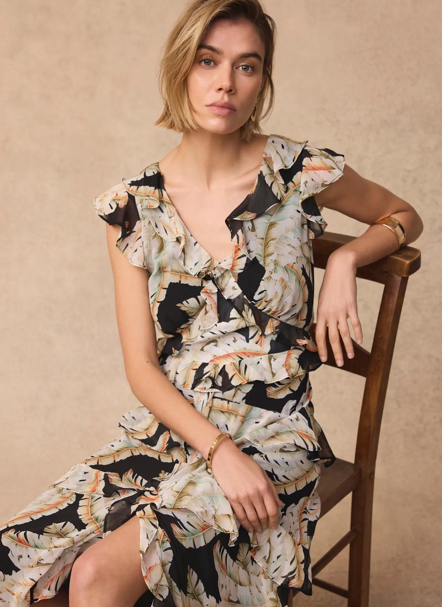 Online Palm Print Ruffle Midi Dress Occasion Dresses|Occasion Dresses