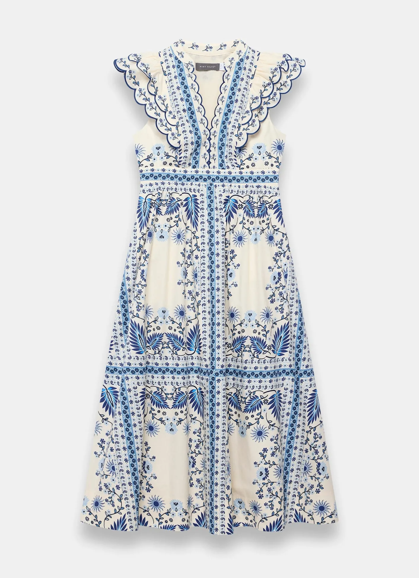 Sale Cotton Print Scallop Trim Midi Dress Summer Dresses|Midi Dresses