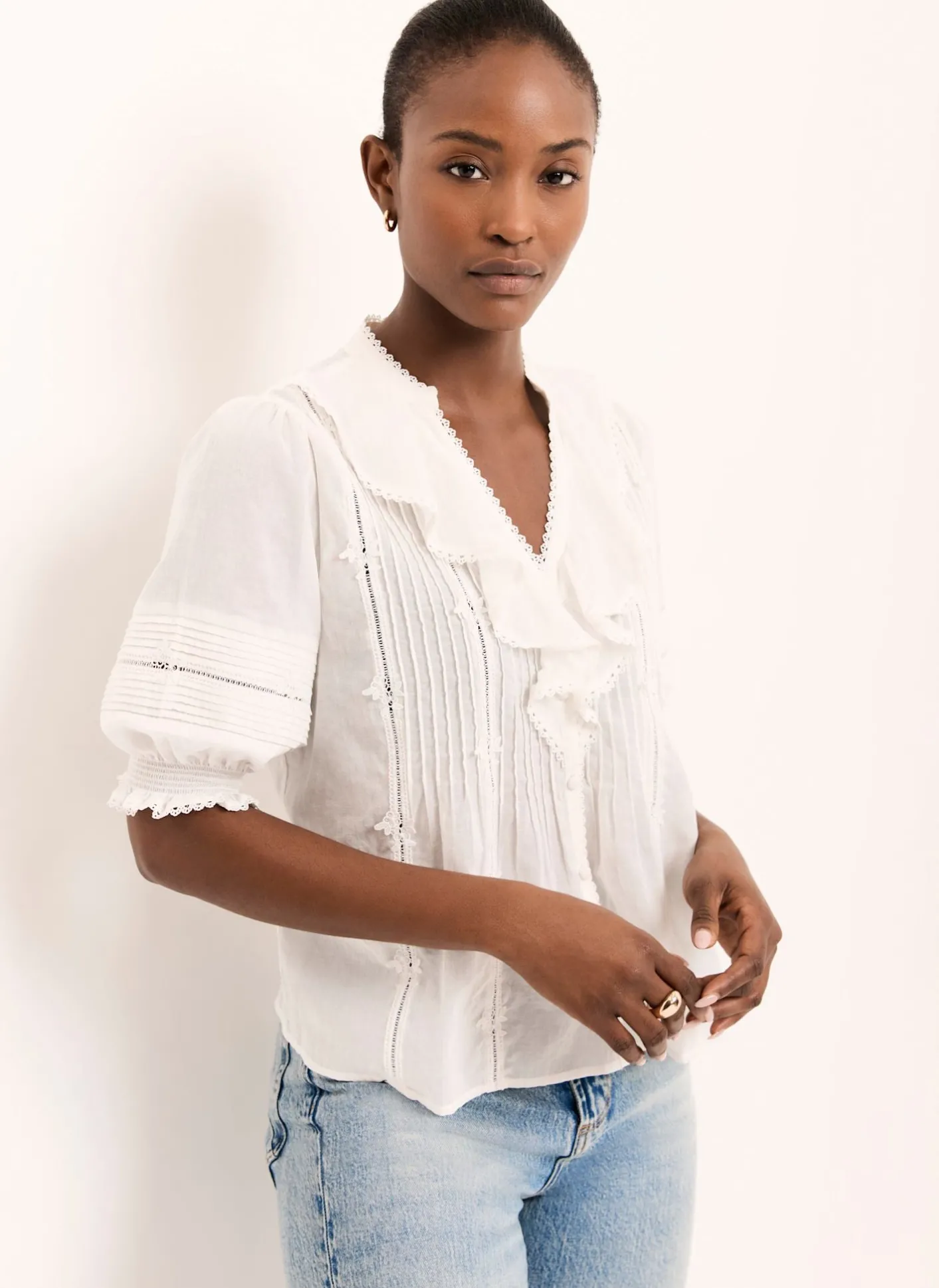 Best Cream Cotton Ruffle Blouse Shirts & Blouses