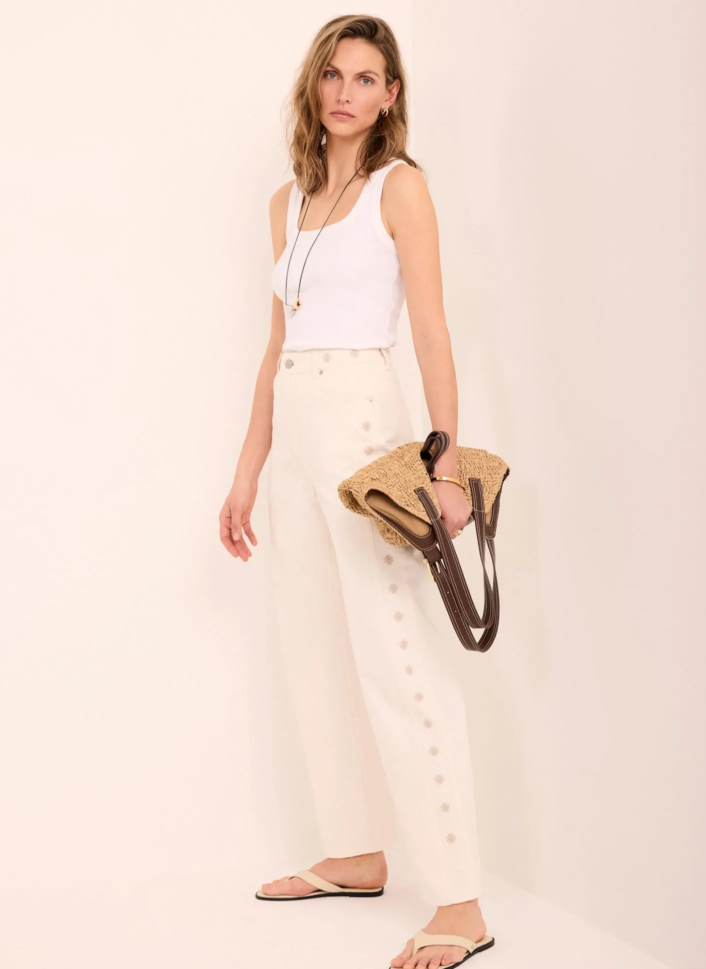 Sale Cream Floral Embroidered Tapered Jeans Jeans|Straight Jeans