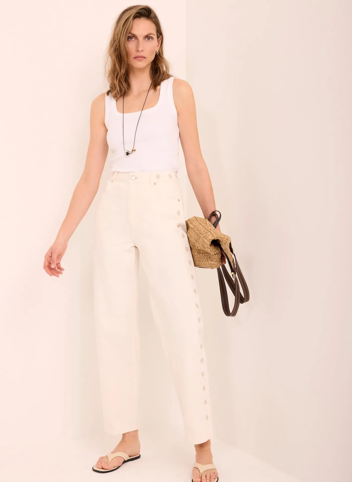 Sale Cream Floral Embroidered Tapered Jeans Jeans|Straight Jeans
