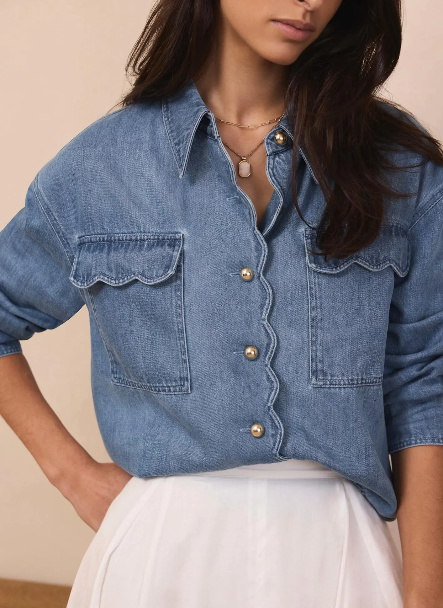 Online Mid Indigo Denim Scallop Shirt Shirts & Blouses