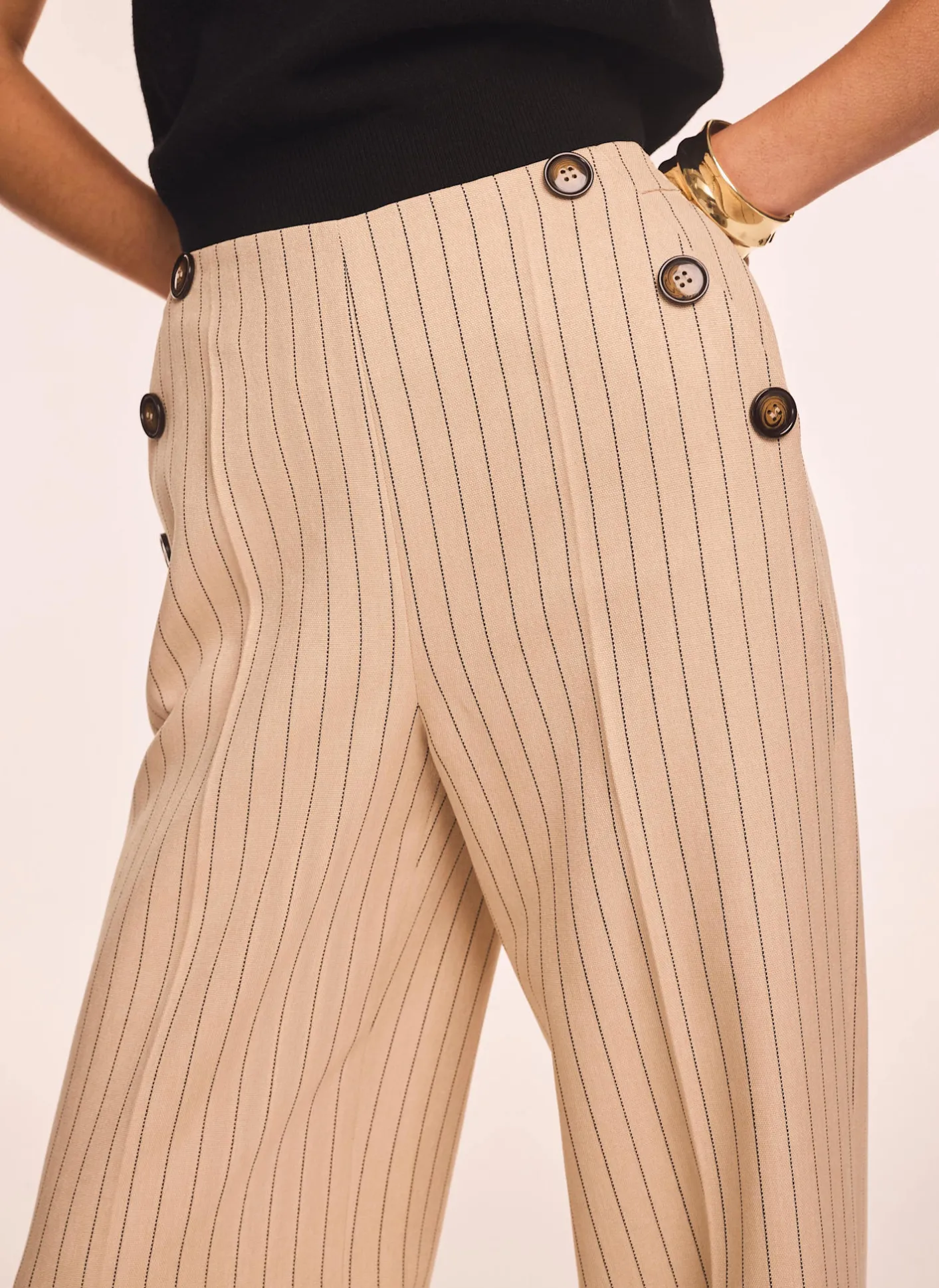 Neutral Button Front Pinstripe Trousers Wide Leg Trousers|Trousers