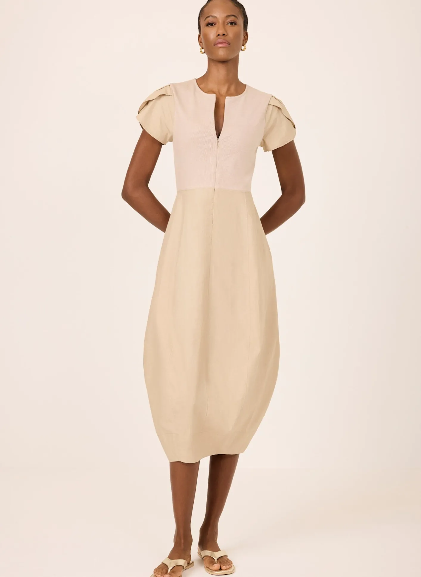 Best Neutral Cotton Blend Tulip Hem Midi Dress Midi Dresses