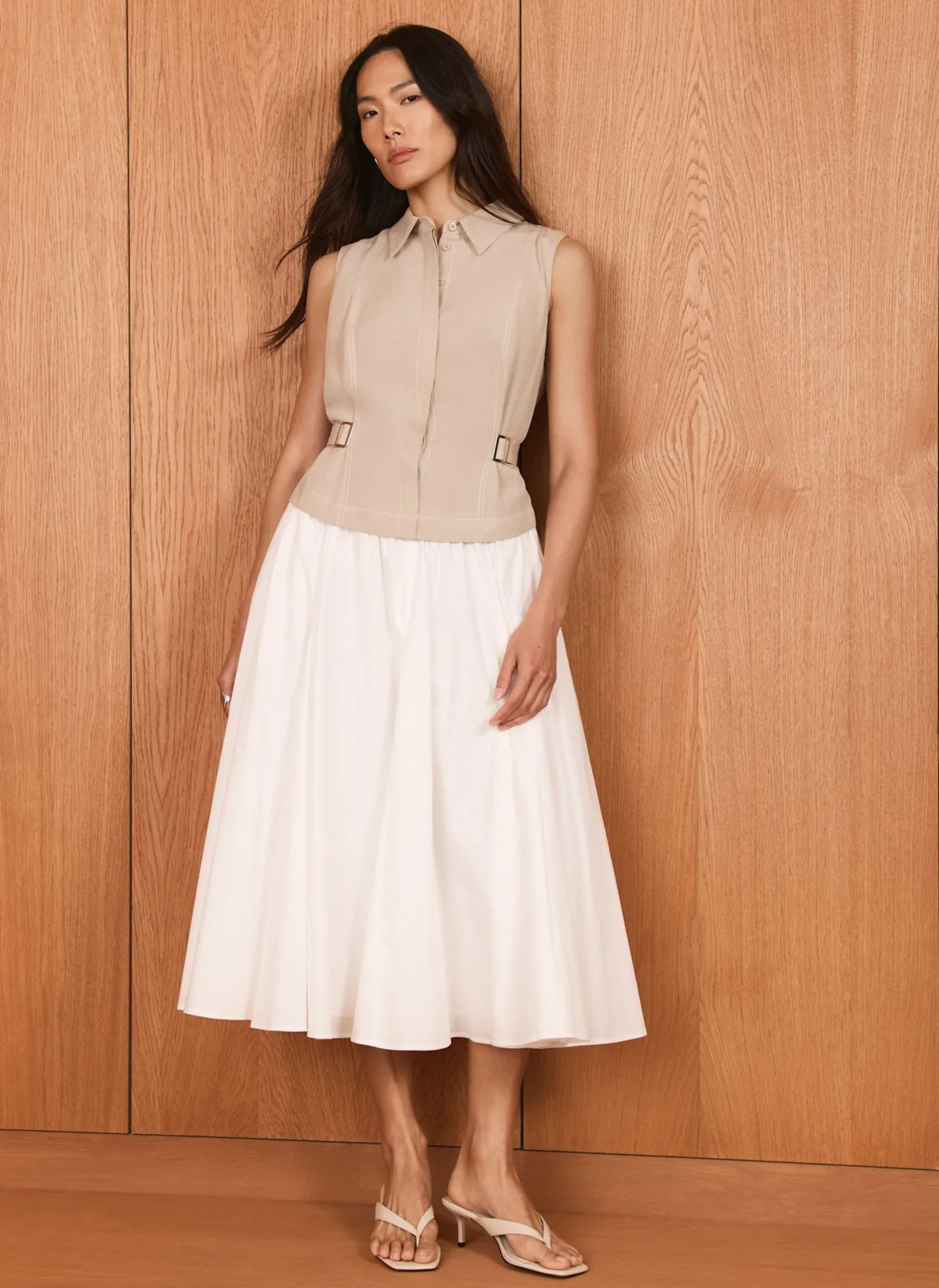 Outlet Neutral Waistcoat Layered Midi Dress Midi Dresses|Shirt Dresses