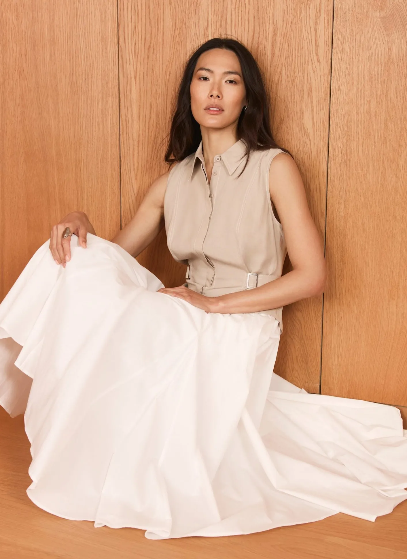 Outlet Neutral Waistcoat Layered Midi Dress Midi Dresses|Shirt Dresses
