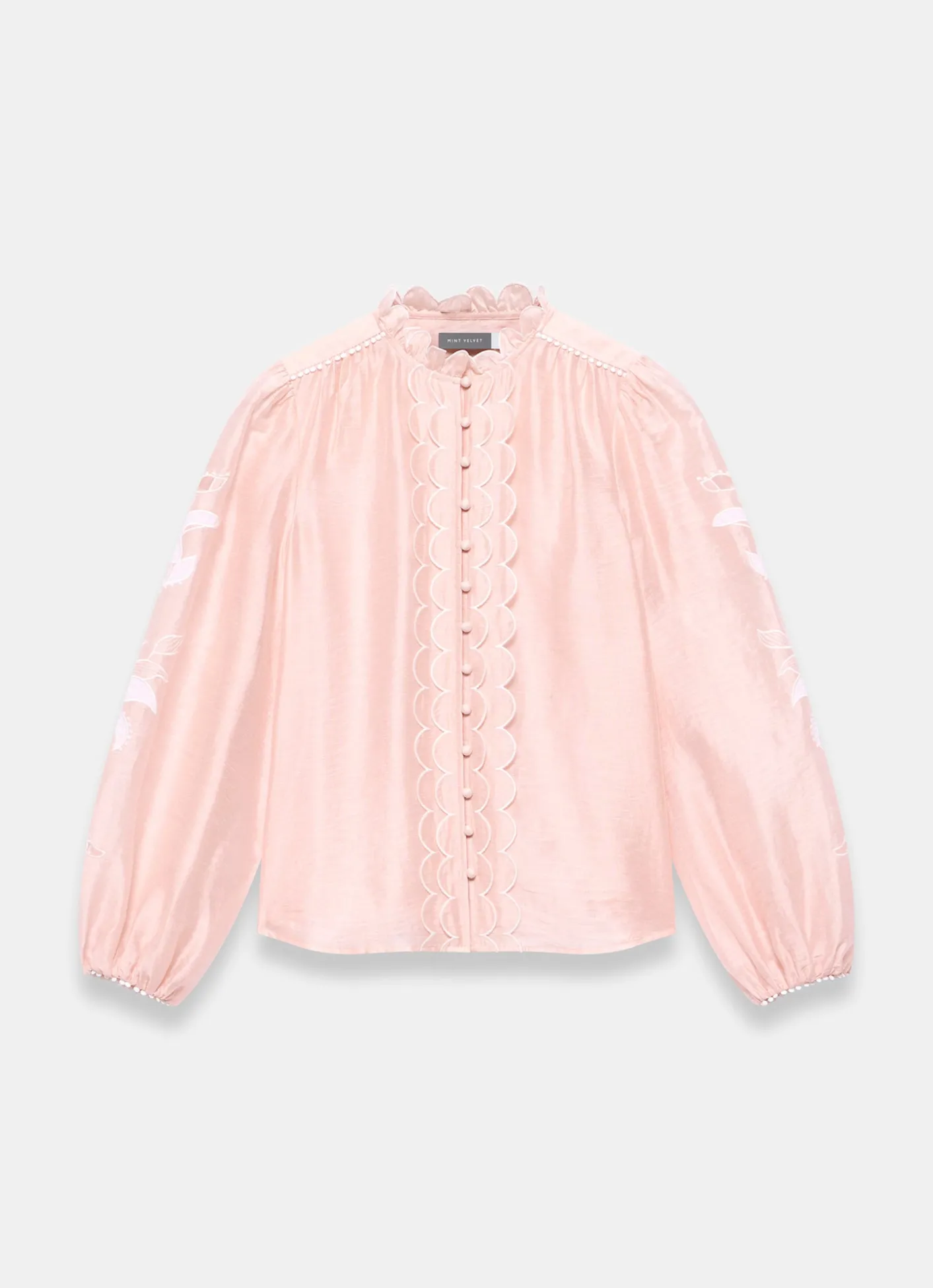 Pink Embroidered Scallop Trim Blouse Shirts & Blouses|All Tops