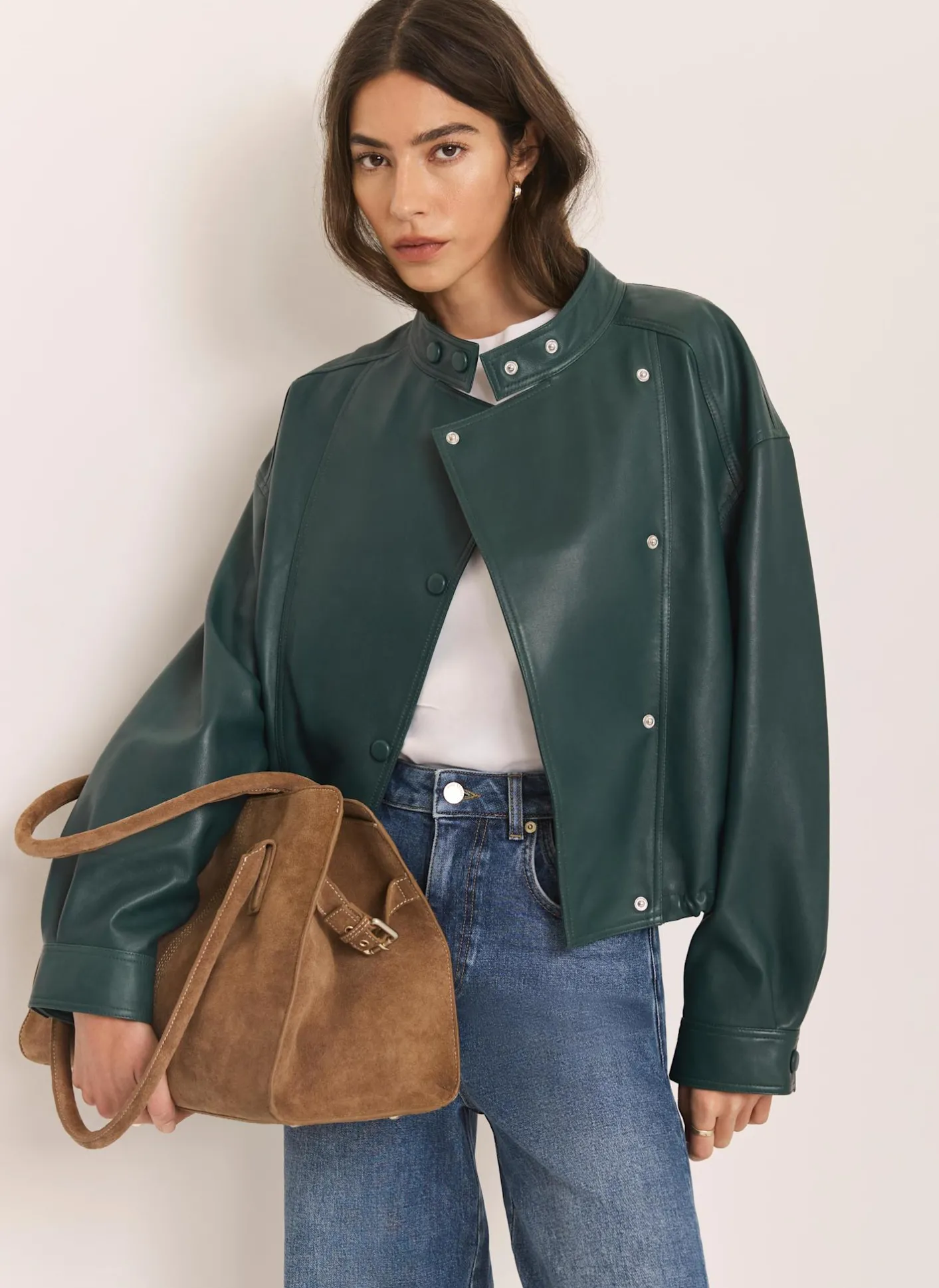 Teal Leather Cropped Pilot Bomber Jacket Jackets|Leather & Suede Jackets