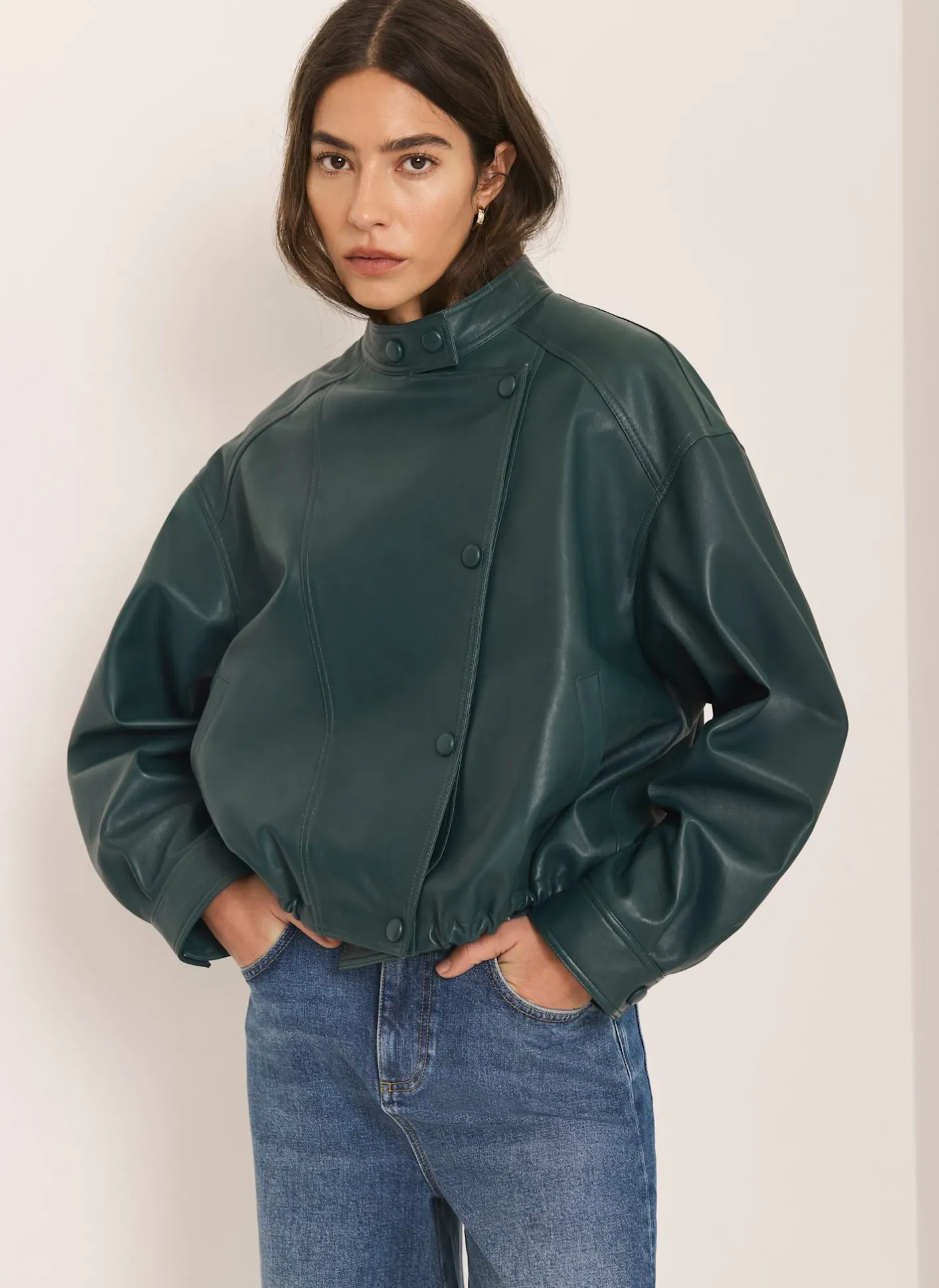 Teal Leather Cropped Pilot Bomber Jacket Jackets|Leather & Suede Jackets