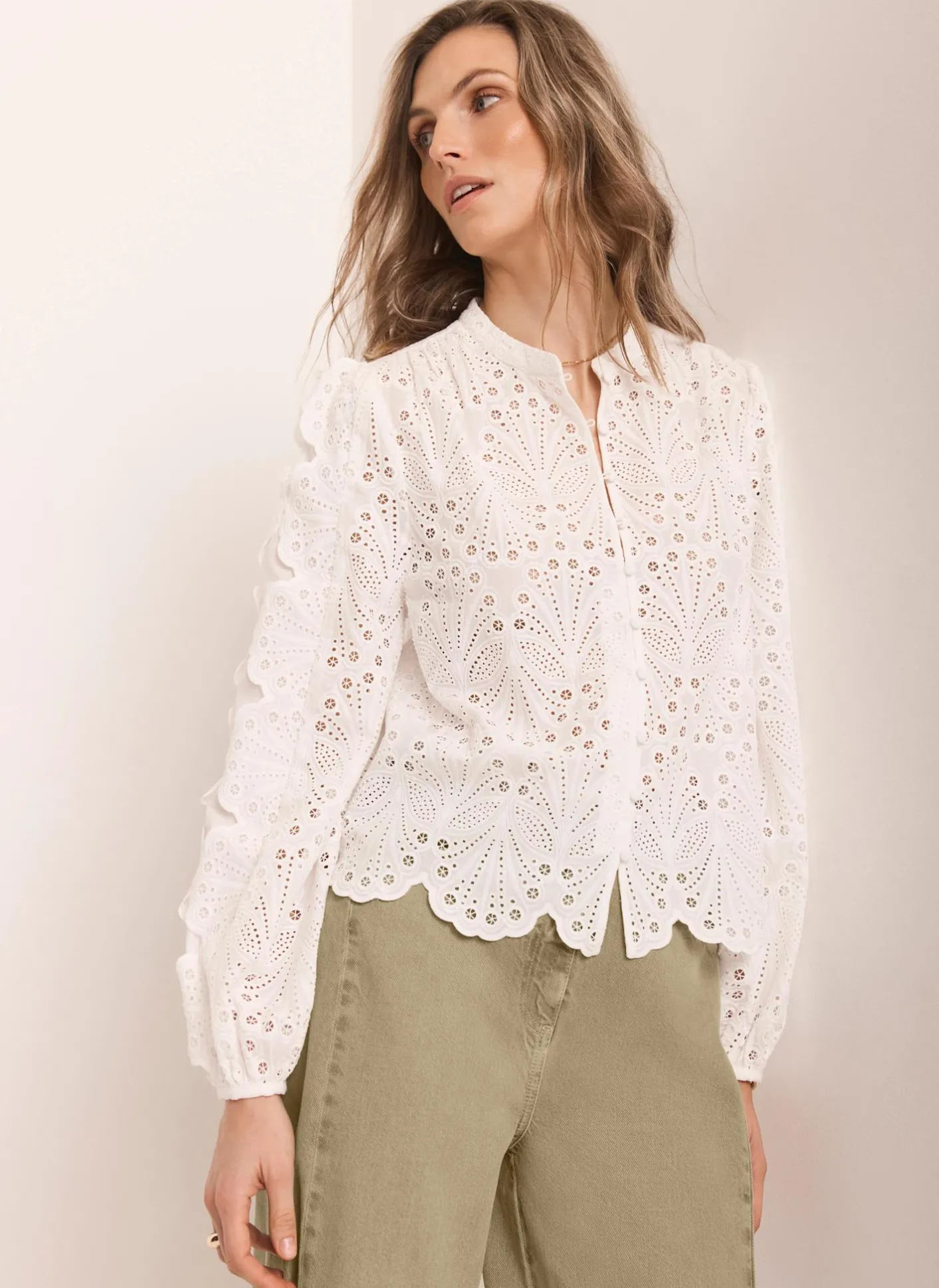 Outlet White Cotton Broderie Detail Blouse Shirts & Blouses