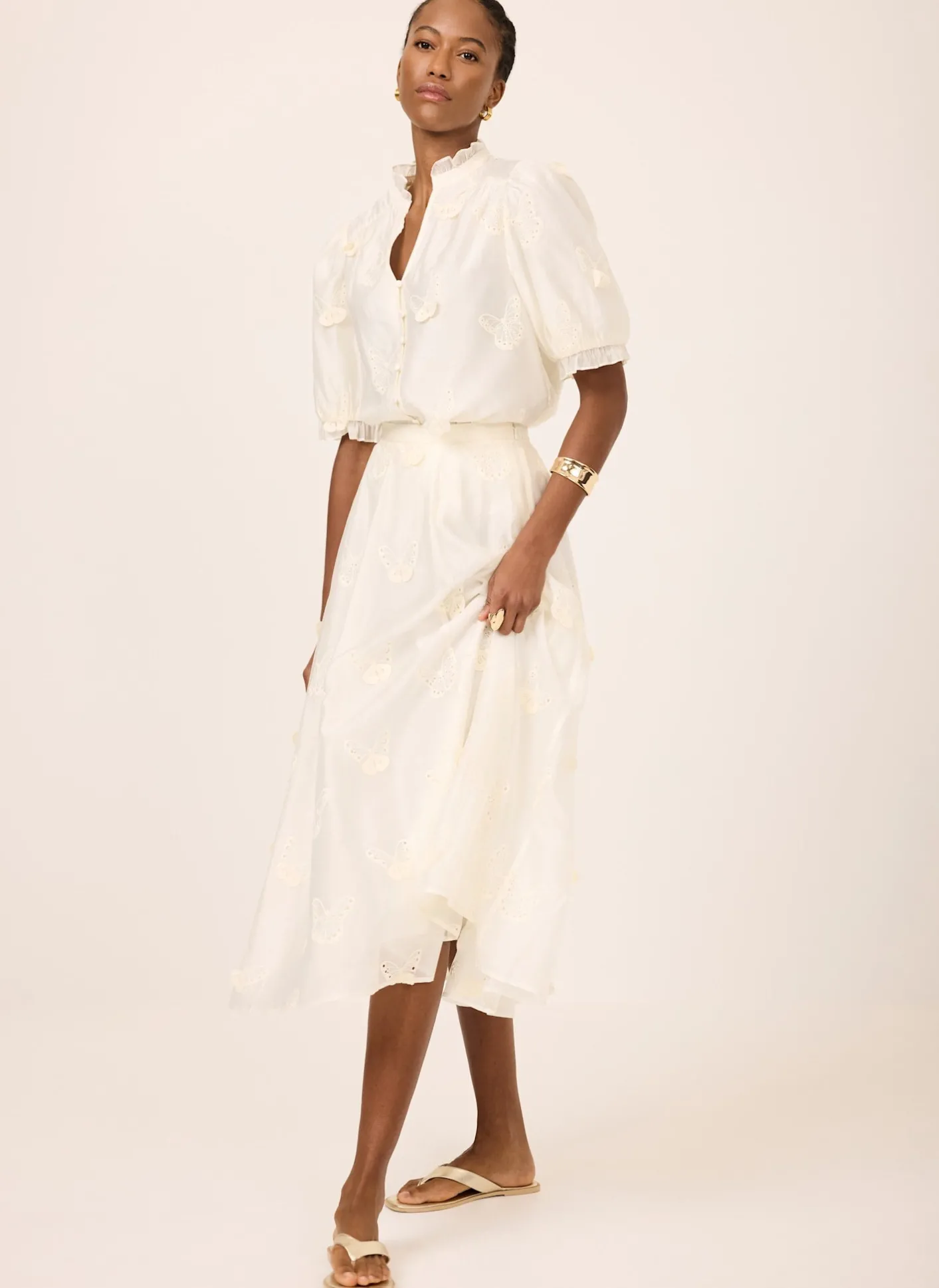 Best White Embroidered Butterfly Detail Midi Skirt Midi Skirts|Skirts