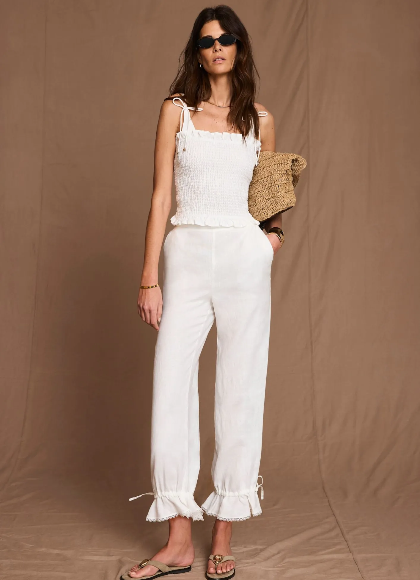 Clearance White Linen Ruffle Hem Cropped Trousers Trousers