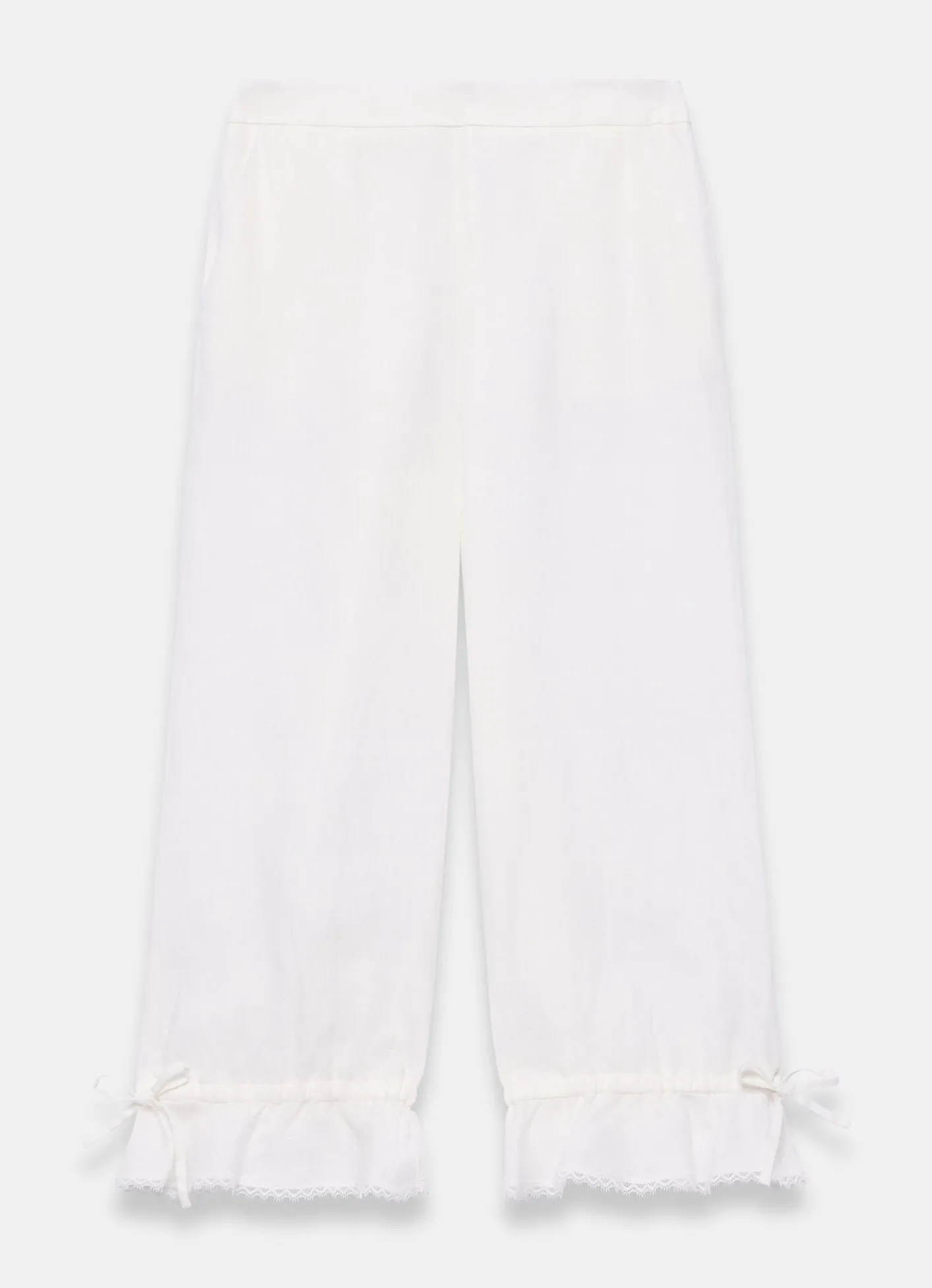 Clearance White Linen Ruffle Hem Cropped Trousers Trousers
